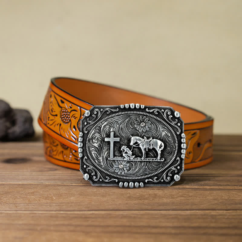Ceinture en cuir à boucle de prière à genoux pour homme avec croix de cheval à faire soi-même