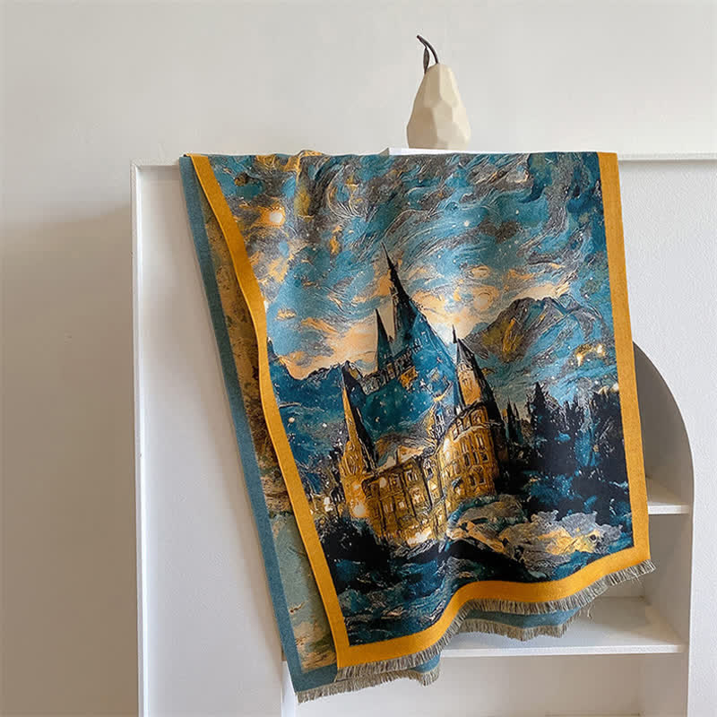Écharpe épaisse à motif de peinture à l'huile pour femme avec magnifique scène