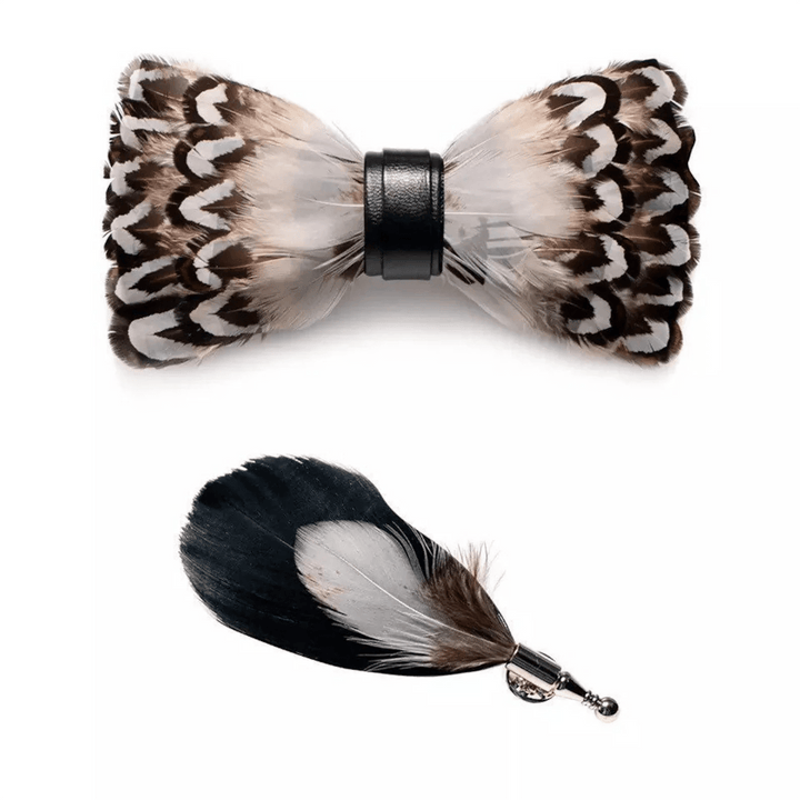 Nœud papillon en plumes Wilderness blanc et marron avec épingle à revers