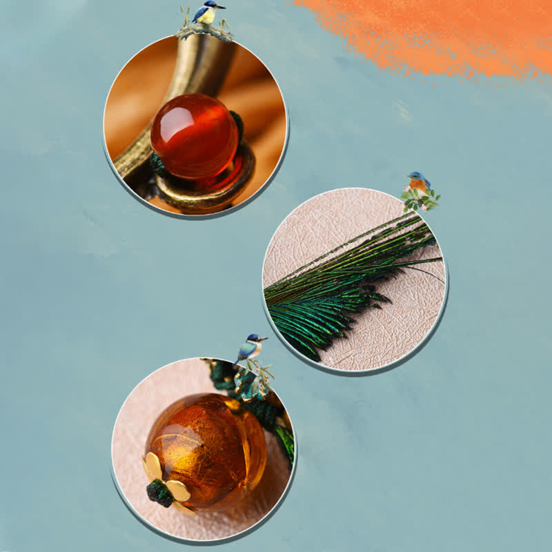 Broche rétro en bronze avec plume de paon et fleur pour femme