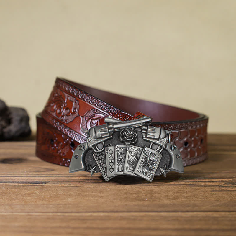 Ceinture en cuir à boucle double pistolet poker pour homme