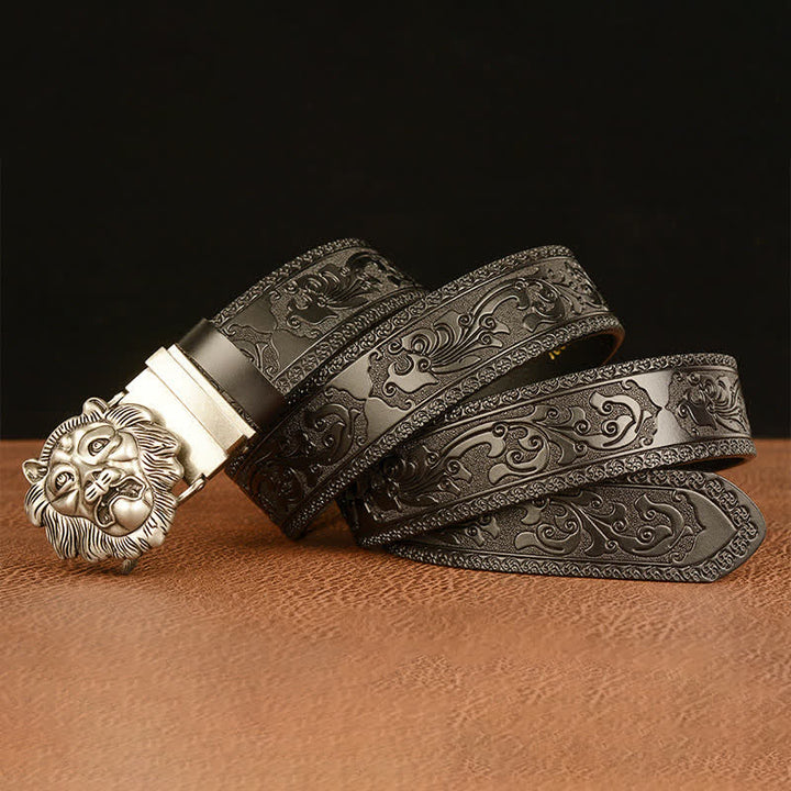 Ceinture en cuir pour homme avec tête de lion sculptée en 3D