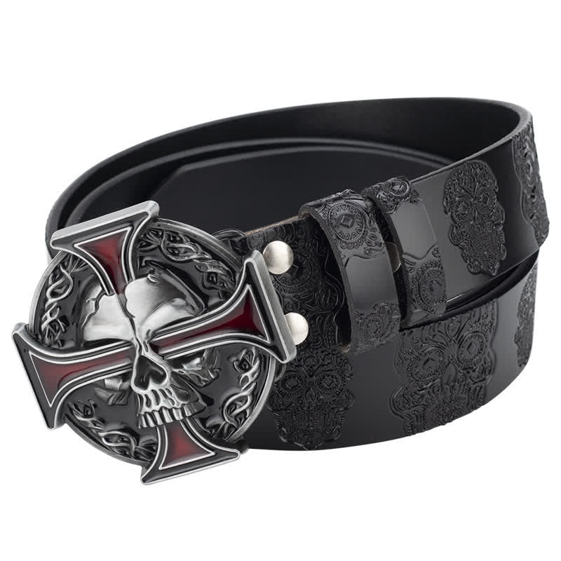 Ceinture en cuir à motif tête de mort en relief pour homme