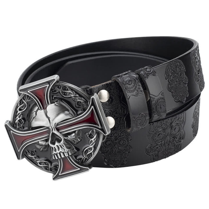 Ceinture en cuir à motif tête de mort en relief pour homme