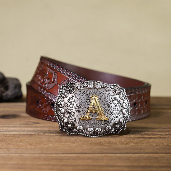 Ceinture en cuir à boucle initiale pour homme avec lettres de l'alphabet - A - Ceinture marron sculptée (40) - image 4