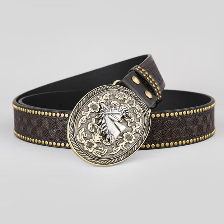 Ceinture en cuir pour homme avec motif tête de cheval et détails floraux