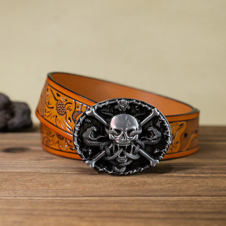 Ceinture en cuir à boucle serpent gothique pour homme avec tête de mort et croix