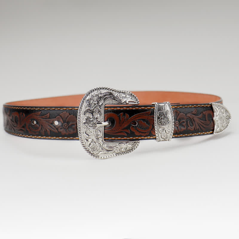 Ceinture en cuir gravé à fleurs vintage pour femme couleur café