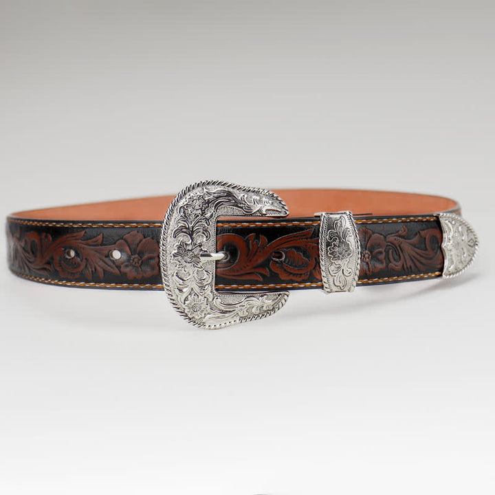Ceinture en cuir gravé à fleurs vintage pour femme couleur café
