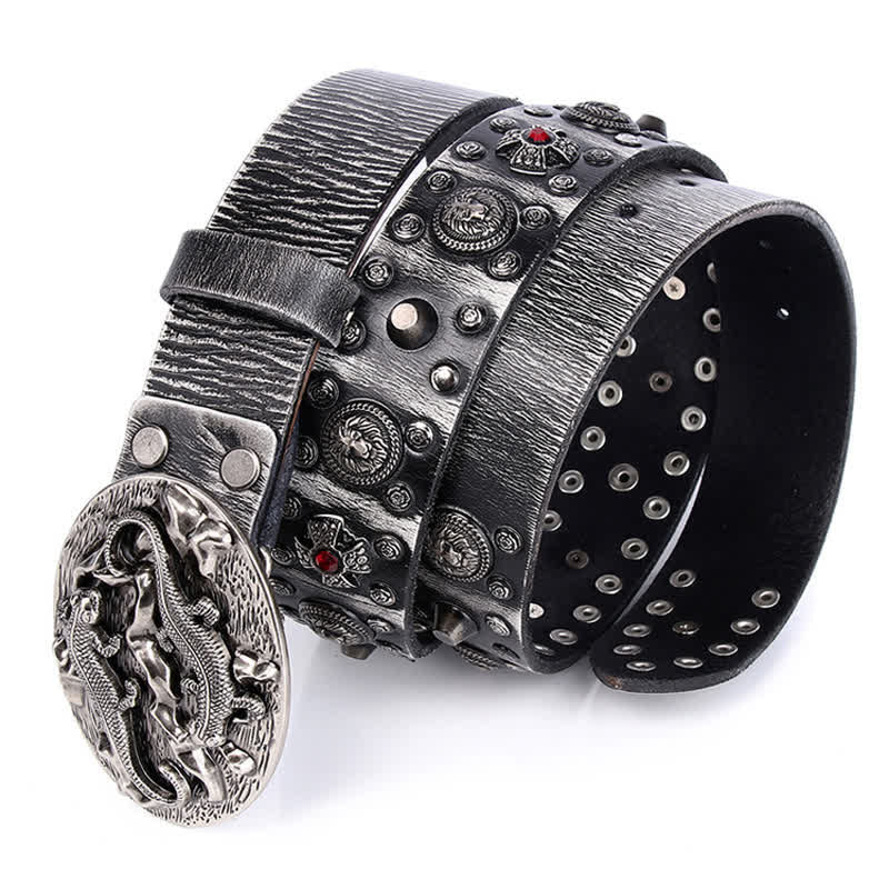Ceinture en cuir cloutée à ornement lion rubis pour homme