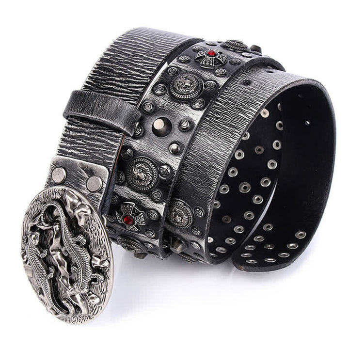 Ceinture en cuir cloutée à ornement lion rubis pour homme