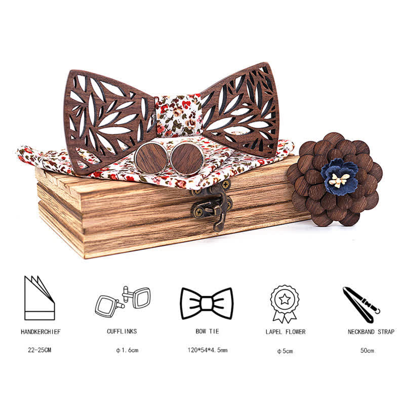 Lot de 4 nœuds papillon en bois à motif de feuilles creuses pour homme