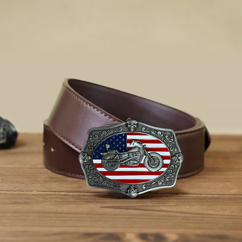Ceinture en cuir à boucle tête de mort pour homme avec drapeau américain et moto