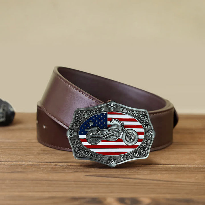 Ceinture en cuir à boucle tête de mort pour homme avec drapeau américain et moto