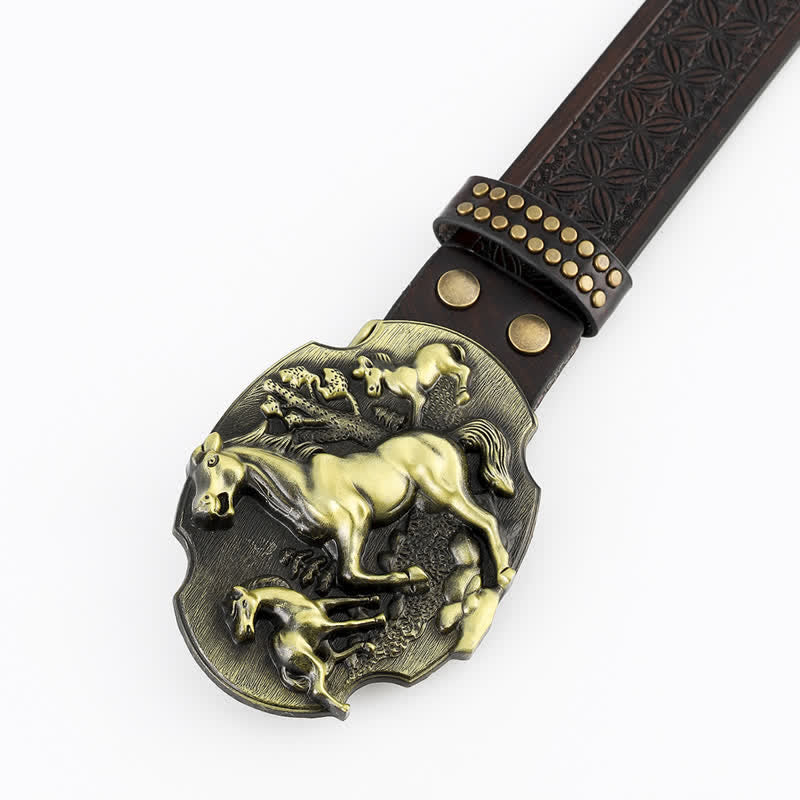 Ceinture en cuir gaufré pour homme, motif « Un troupeau de chevaux »