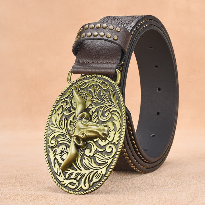Ceinture en cuir gaufré à rivets tête de taureau pour homme