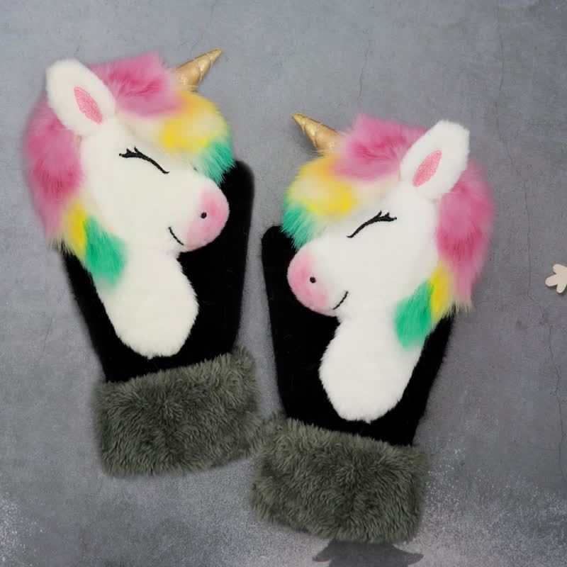 Gants mitaines en fourrure d'animaux mignons pour femmes - Licorne aux yeux plissés - image 11