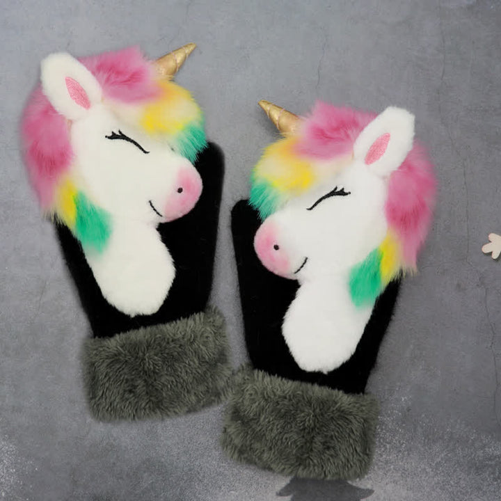 Gants mitaines en fourrure d'animaux mignons pour femmes - Licorne aux yeux plissés - image 11