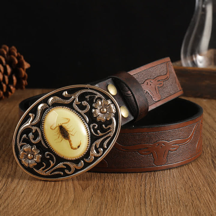Ceinture en cuir à boucle pour homme avec motif animal, scorpion et fleur