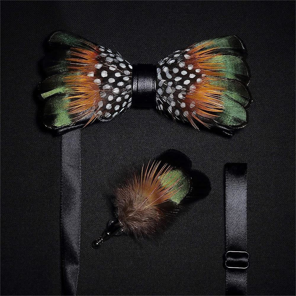 Noeud papillon vintage en plumes vert forêt et orange pour enfant avec épingle à revers