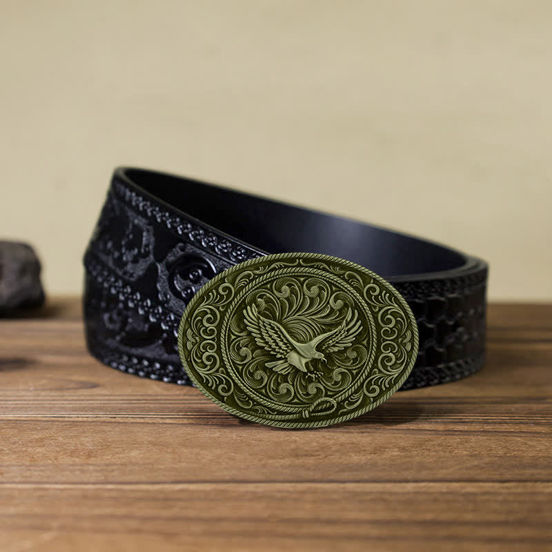 Ceinture en cuir à boucle florale gravée Soaring Eagle pour homme