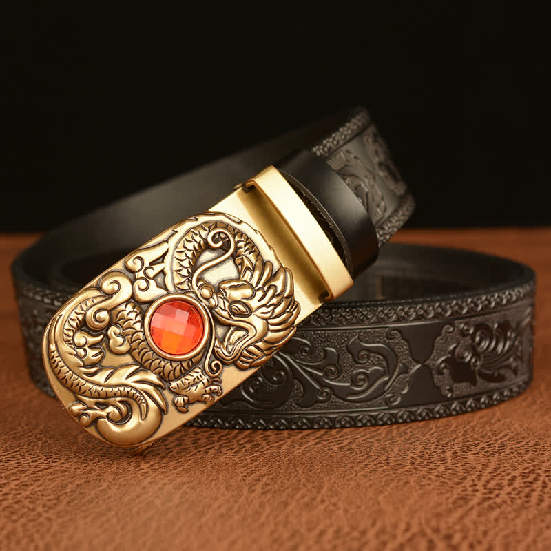 Ceinture en cuir pour homme avec pierre précieuse gravée en forme de dragon