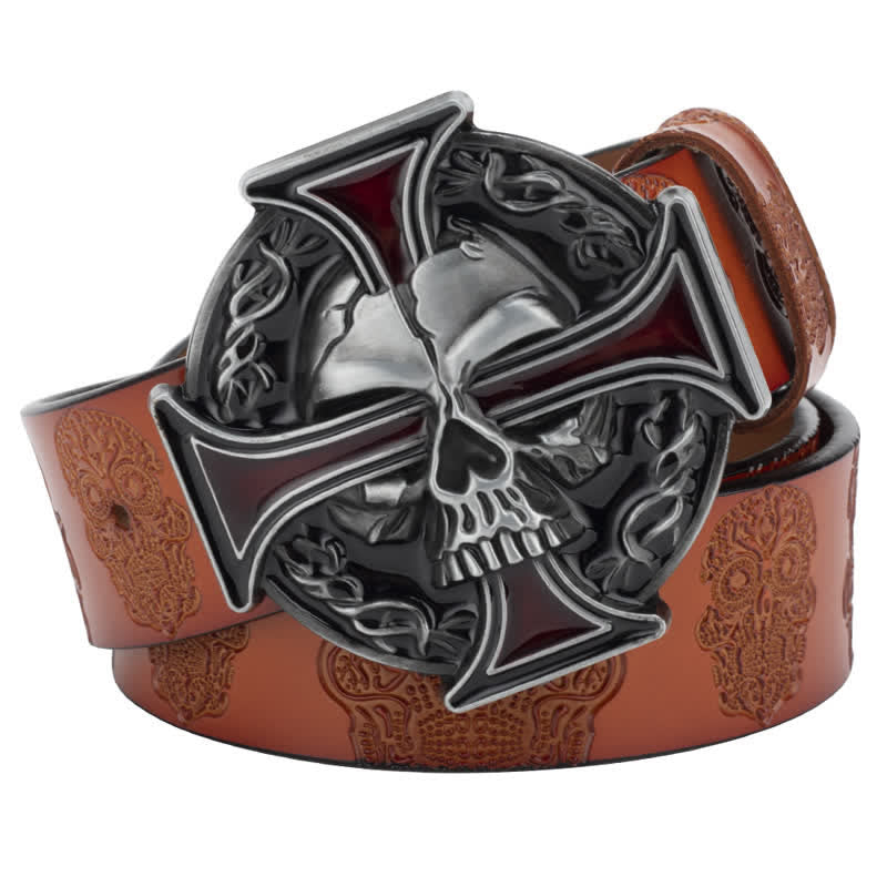 Ceinture en cuir à motif tête de mort en relief pour homme