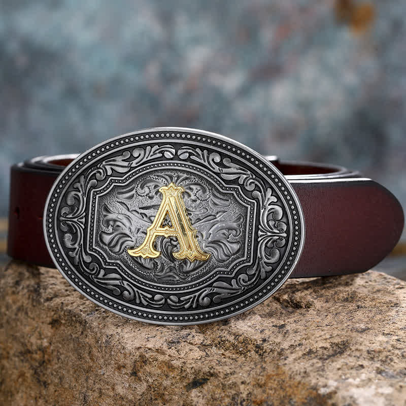 Ceinture en cuir unisexe style hip-hop avec boucle en relief et initiales