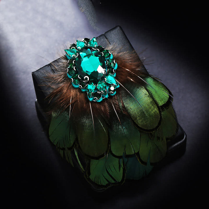 Broche plume en cristal vert foncé pour femme