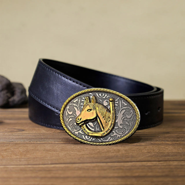 Ceinture en cuir à boucle en forme de fer à cheval doré pour homme