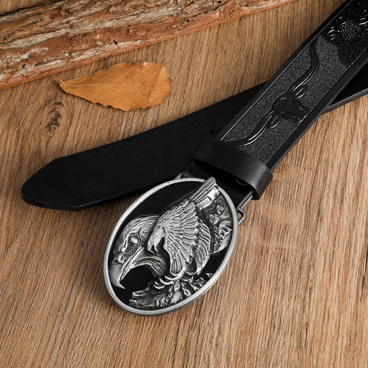 Ceinture en cuir avec boucle en forme d'aigle à tête sculptée blanche pour homme