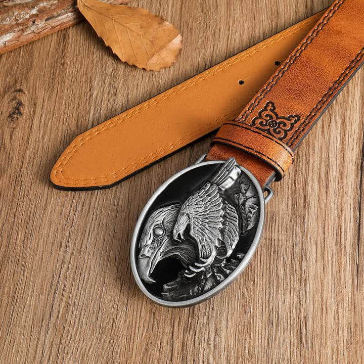 Ceinture en cuir avec boucle en forme d'aigle à tête sculptée blanche pour homme
