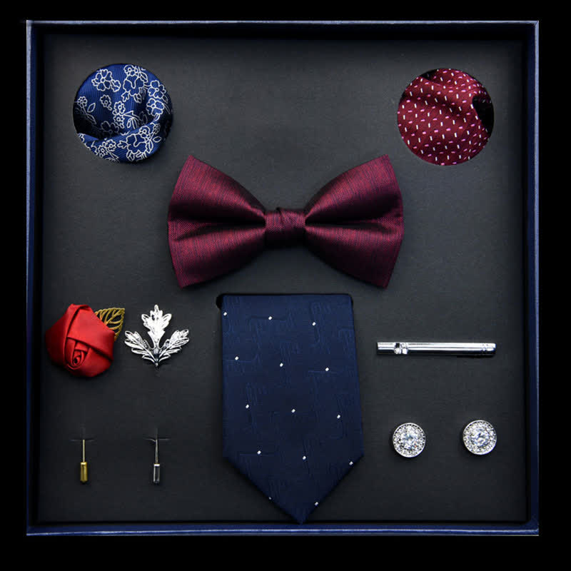 Coffret cadeau de 8 nœuds papillon classiques pour homme bordeaux et bleu - Bordeaux et bleu - image 0