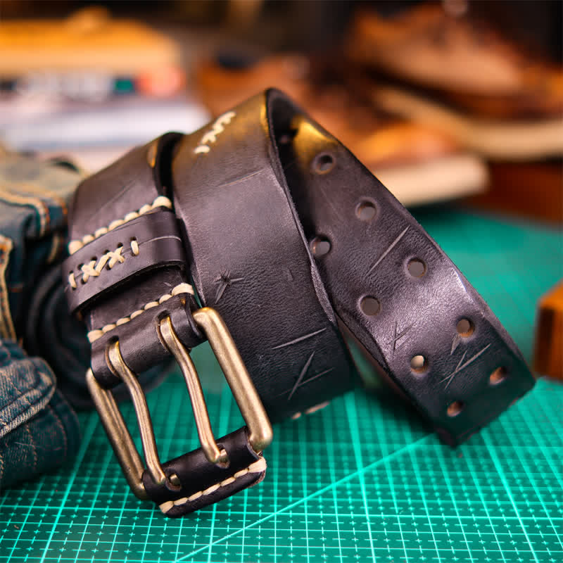 Ceinture large en cuir à double boucle pour homme