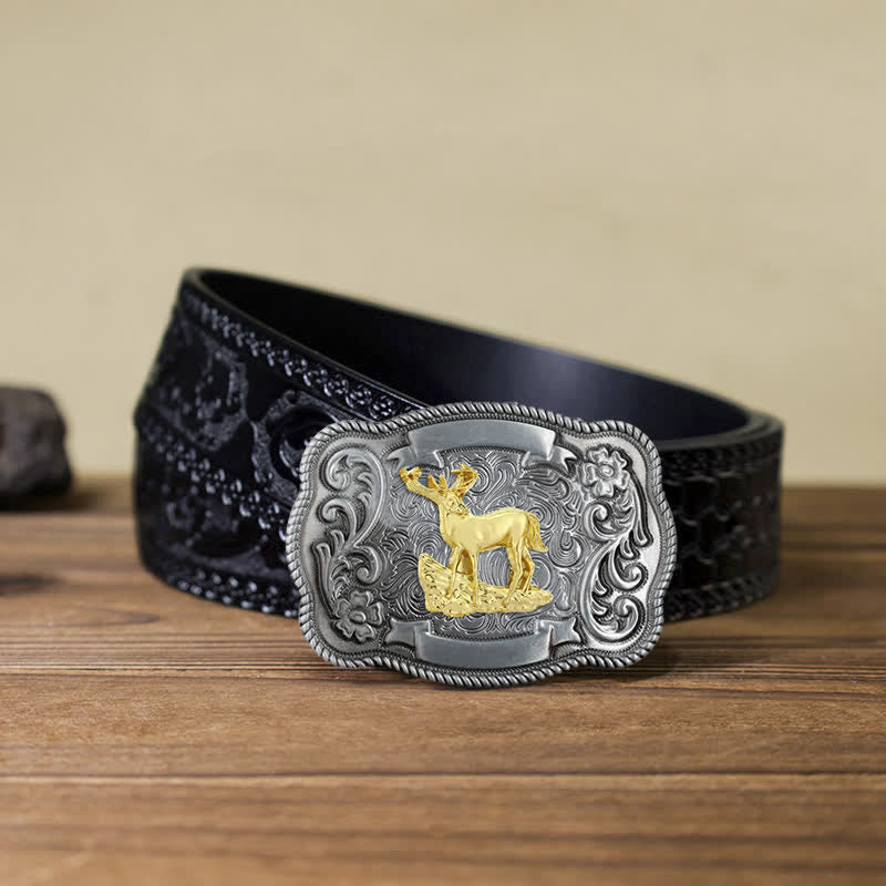 Ceinture en cuir à boucle animalière sculptée en or pour homme - Cerf - Ceinture noire sculptée (40) - image 33