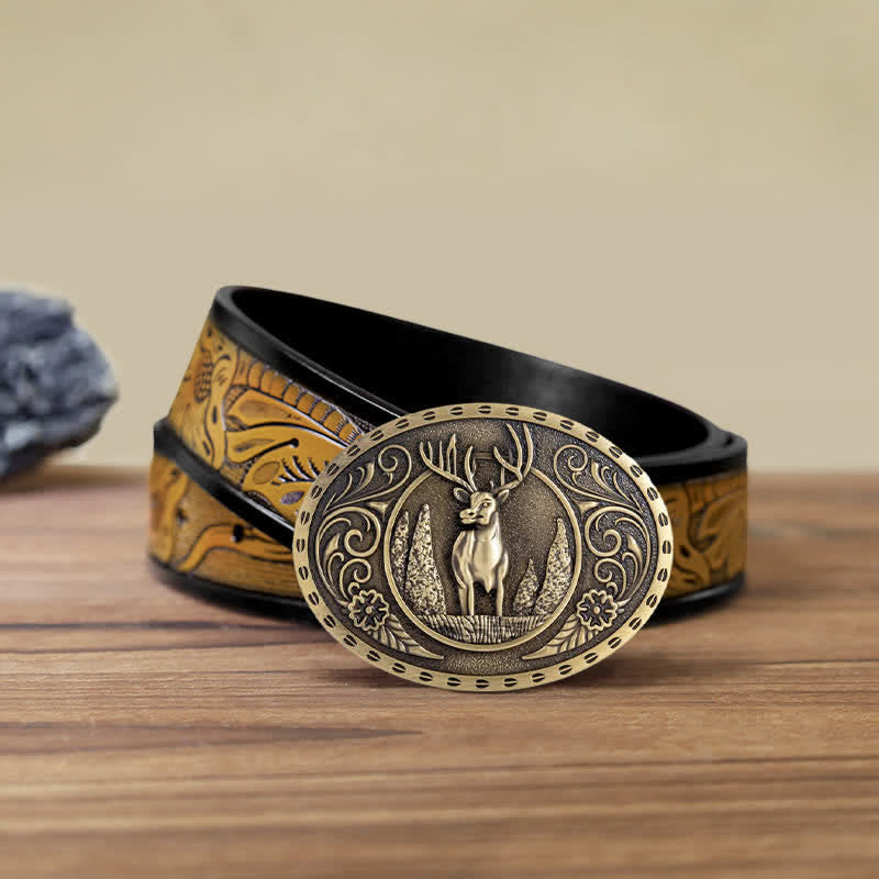 Ceinture en cuir à boucle ovale pour homme avec motif cerf forestier