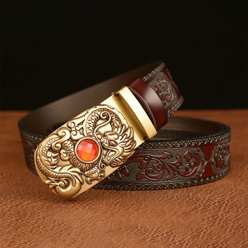 Ceinture en cuir pour homme avec pierre précieuse gravée en forme de dragon
