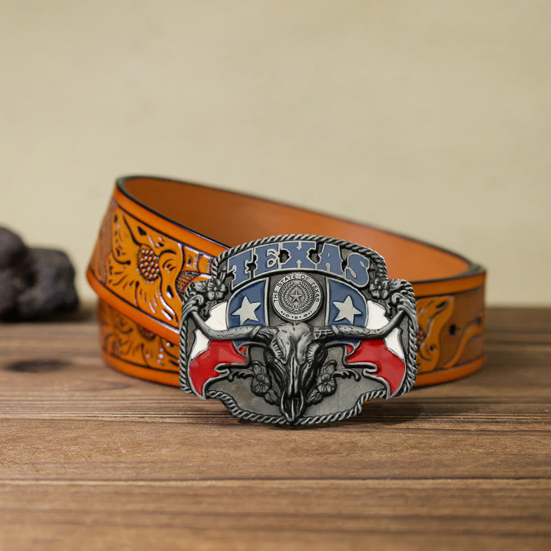 Ceinture en cuir à boucle pour homme avec drapeau du Texas Longhorn Bull