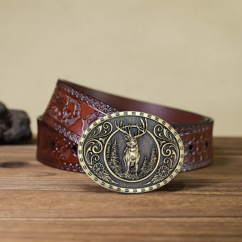 Ceinture en cuir à boucle drapeau américain pour homme avec motif de chasseur de cerfs