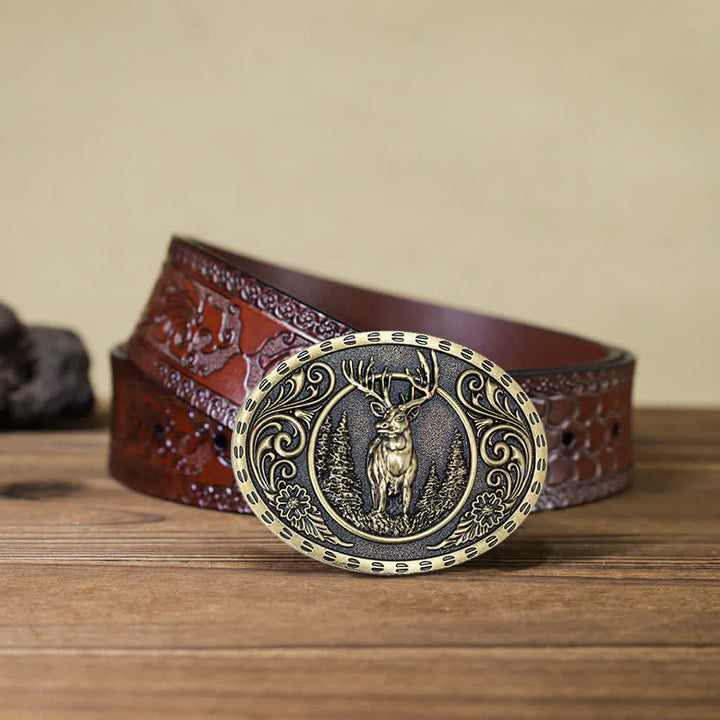 Ceinture en cuir à boucle drapeau américain pour homme avec motif de chasseur de cerfs