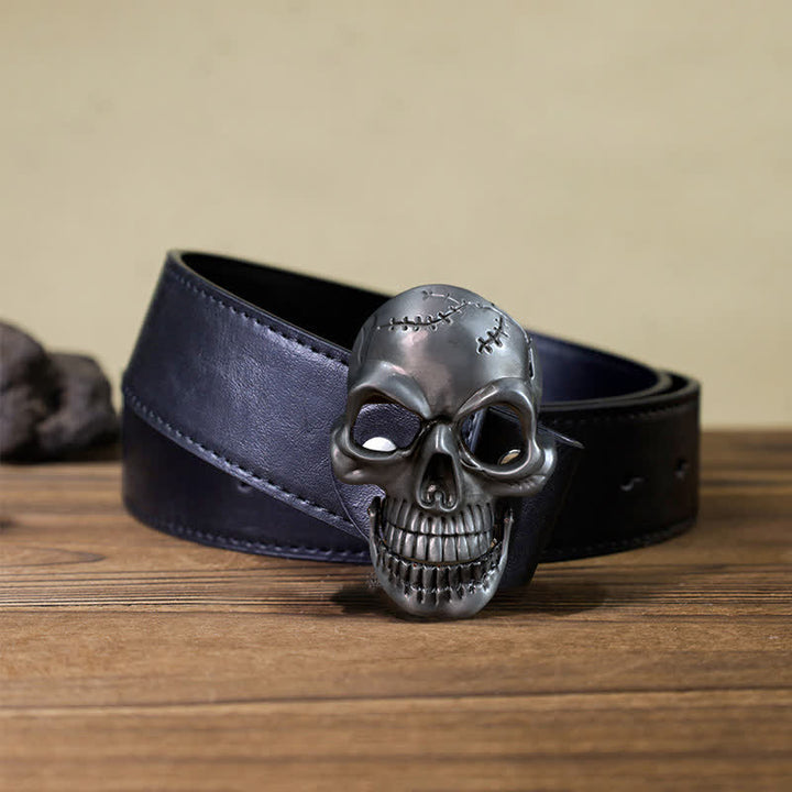 Ceinture en cuir à boucle mobile pour homme avec tête de mort et mâchoire