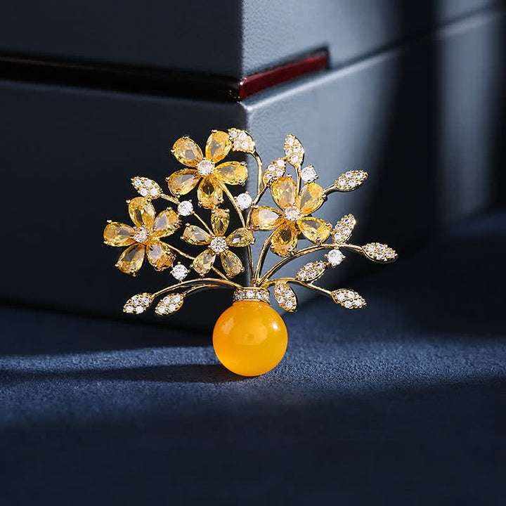 Broche vase bouquet de fleurs pour femme - Jaune - image 0