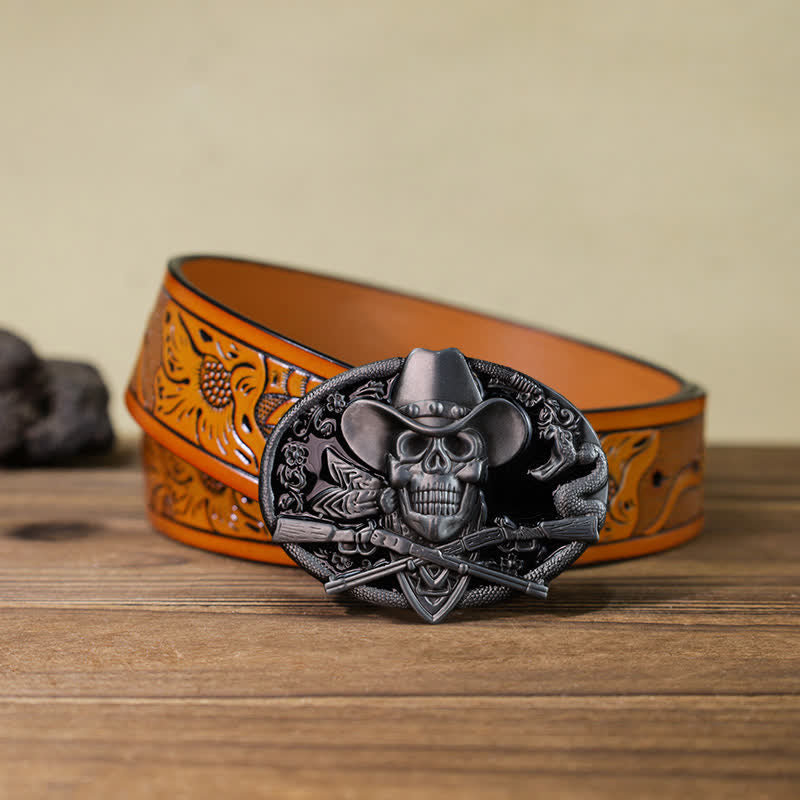 Ceinture en cuir à boucle pour homme avec tête de mort et armes croisées