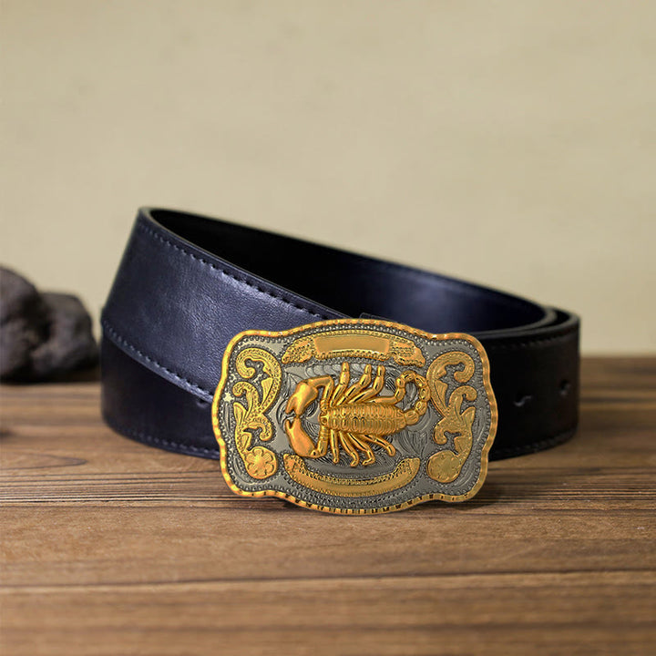 Ceinture en cuir à boucle scorpion doré pour homme