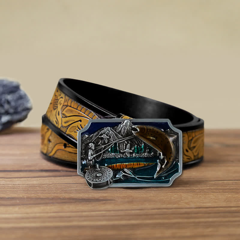 Ceinture en cuir à boucle rectangulaire en émail pour homme avec motif de pêche