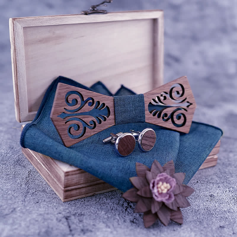 Lot de 4 nœuds papillon en bois à motif de fleurs creuses pour hommes