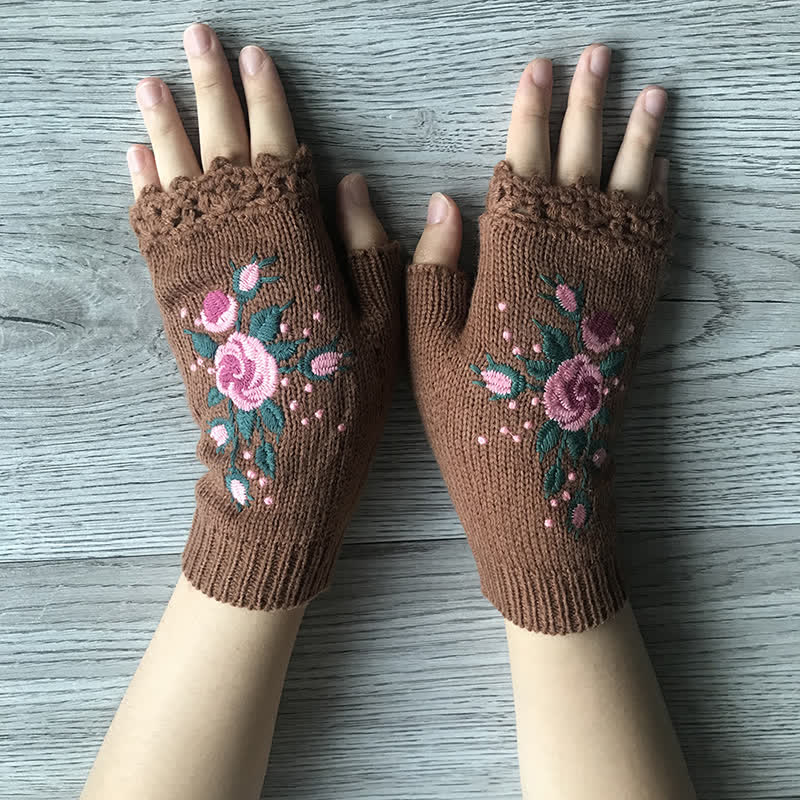 Gants tricotés demi-doigts brodés de fleurs pour femmes