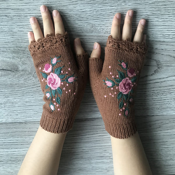 Gants tricotés demi-doigts brodés de fleurs pour femmes