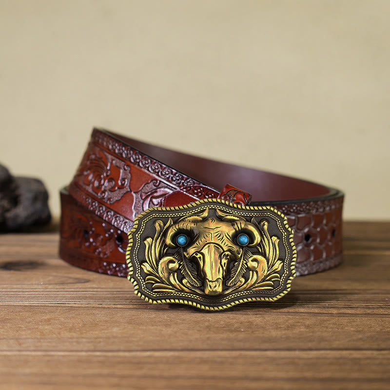Ceinture en cuir à boucle turquoise pour homme avec tête de mort de chèvre