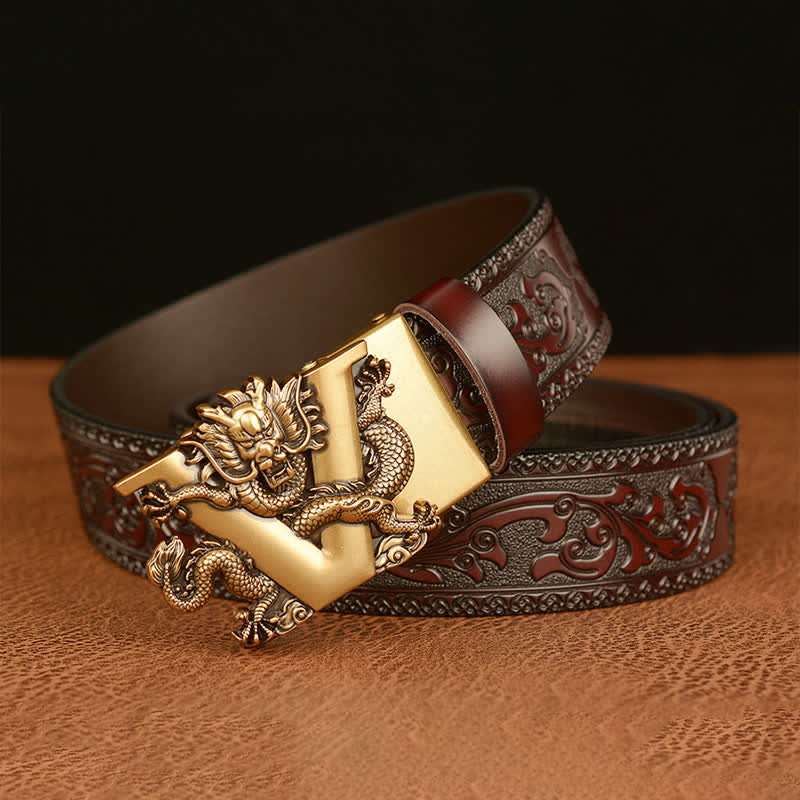 Ceinture en cuir avec motif dragon en relief et lettre V pour homme